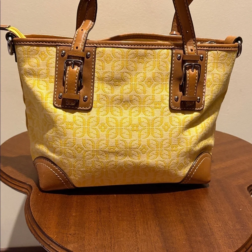 Fossil  satchel  Crossbody bag  fabric yellow print brown leather trim 3 compart